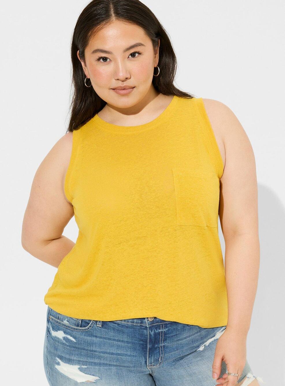 NWT Torrid Golden Rod Yellow Linen Blend Crew Neck Pocket Tank Top Women's 4 4X